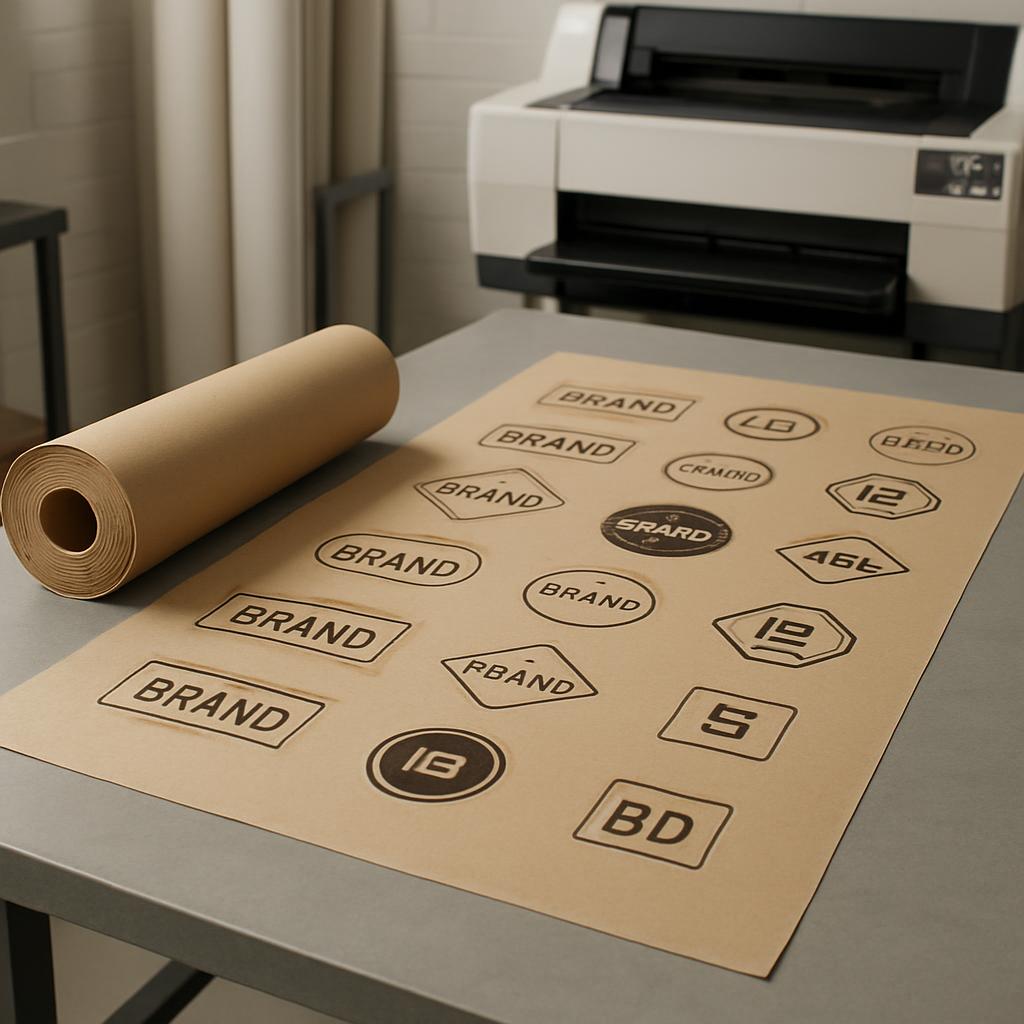 A roll of brown paper and a printout featuring various brand logos on a light gray table.