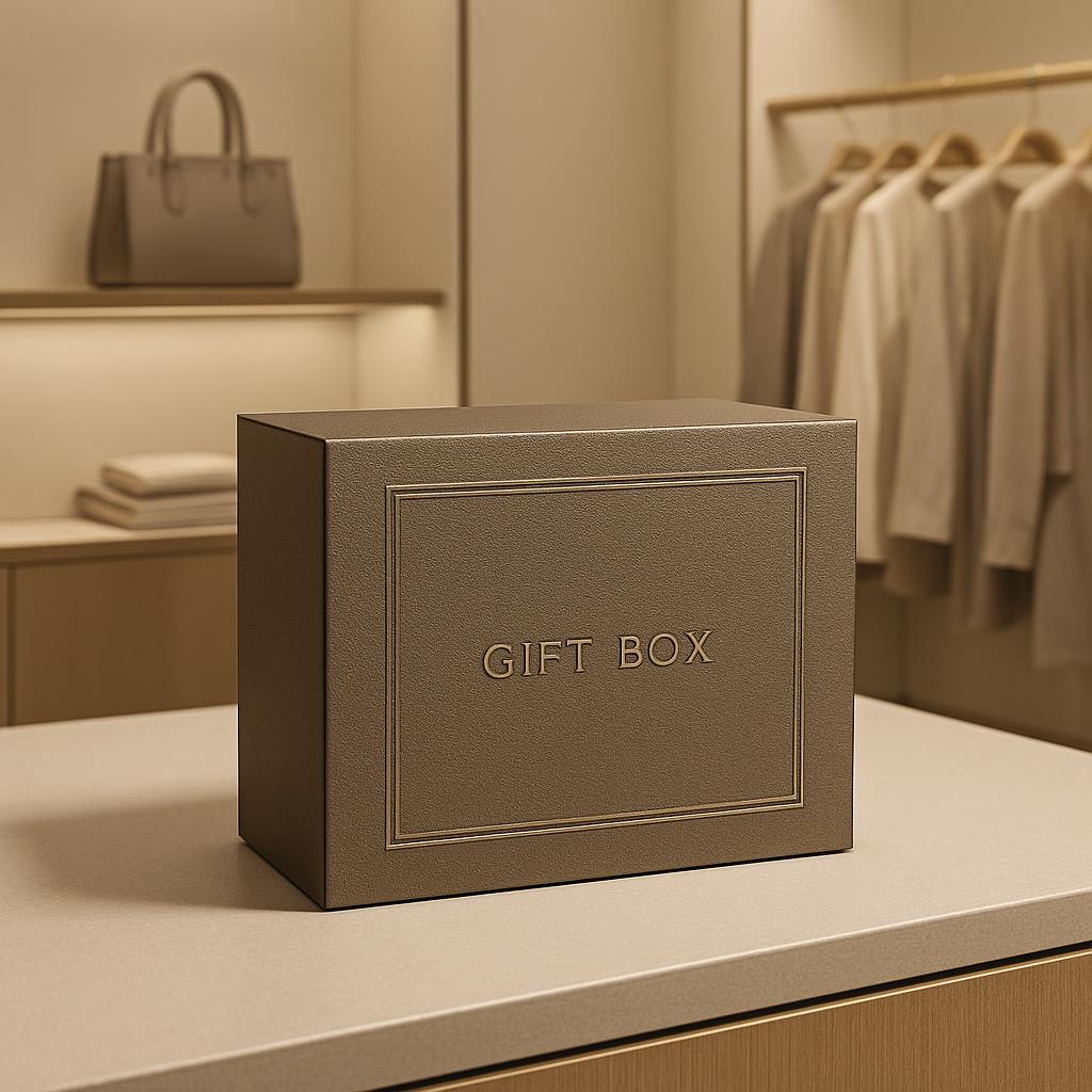 A large gift box on a counter with a hanging rack of clothes and a shelf with large bag in the back.