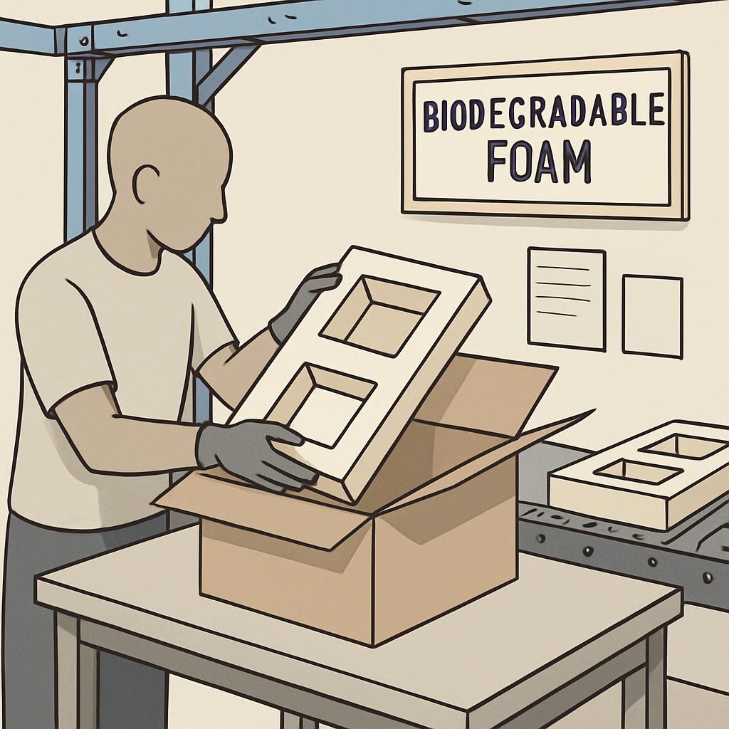 Worker inspecting box packed with eco-friendly, biodegradable foam insulation kit.